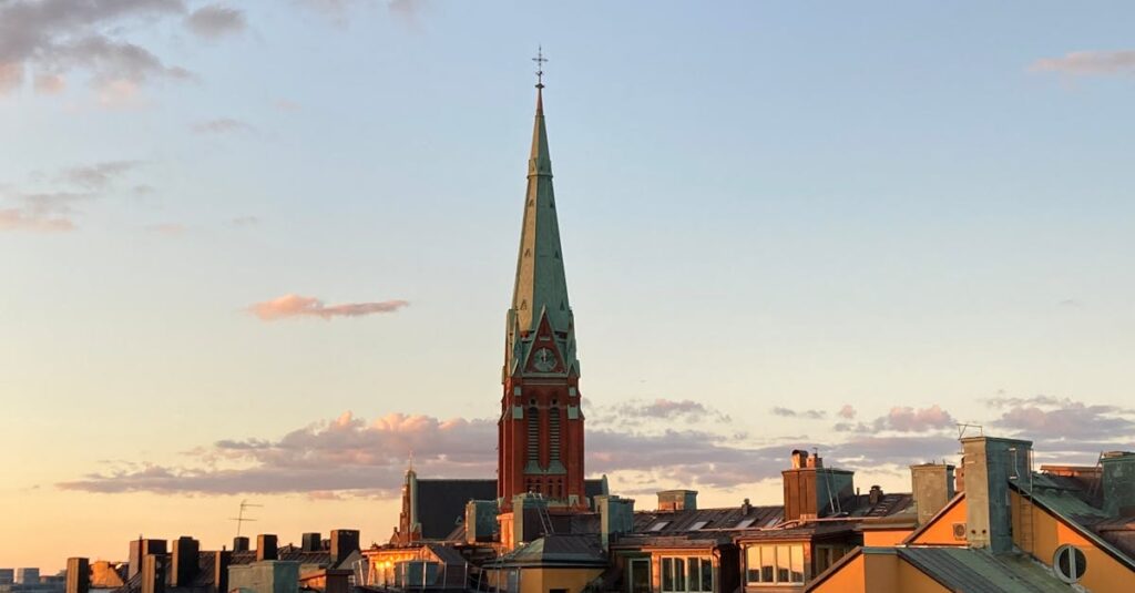Charming architecture in Norrmalm, Stockholm during a golden hour sunset.